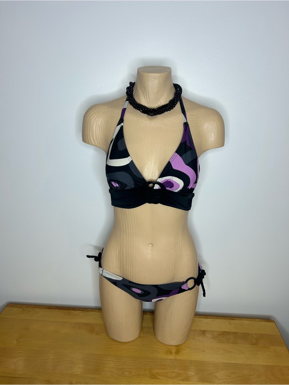 Aqua Black, Purple & White Ring Halter Tie-Side Bikini Set❤️S